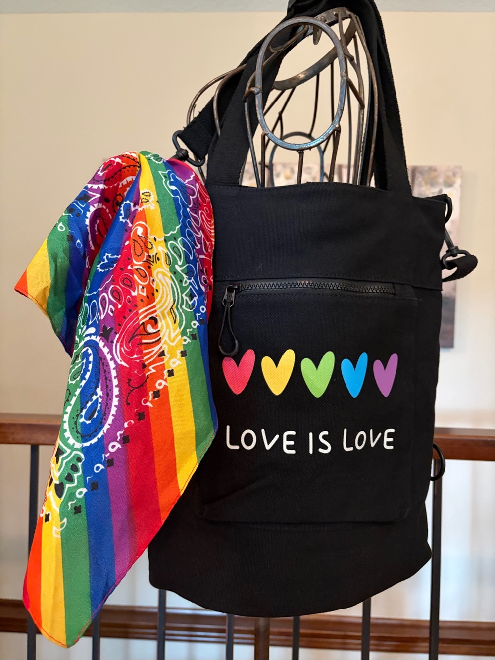 Love Is Love Black Canvas Tote/Sling/Crossbody Rainbow Hearts Bandana Excellent